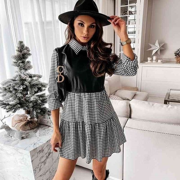 Casual Langarm Mini Shirt Kleid für Frauen Weiß Frühling PU Leder Patchwork Plaid Frau Kleider Kleidung Femme Robe 201025