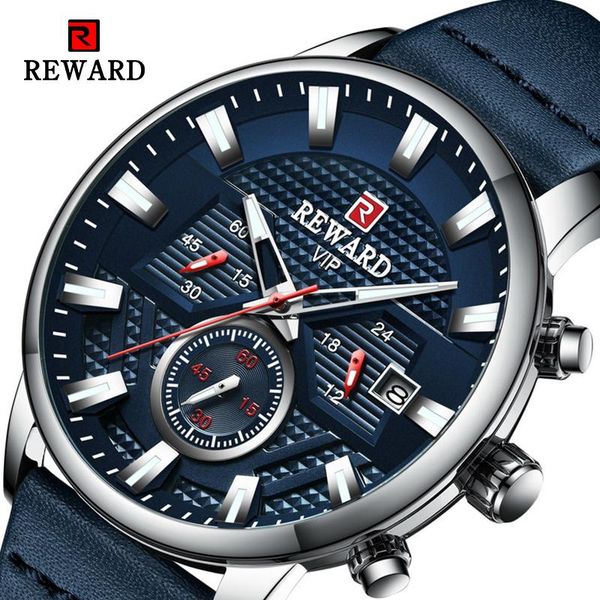 

wristwatches reward 2021 fashion quartz watches men 3 small dial luminous hands dark blue leather strap calendar relogio masculino de luxo, Slivery;brown