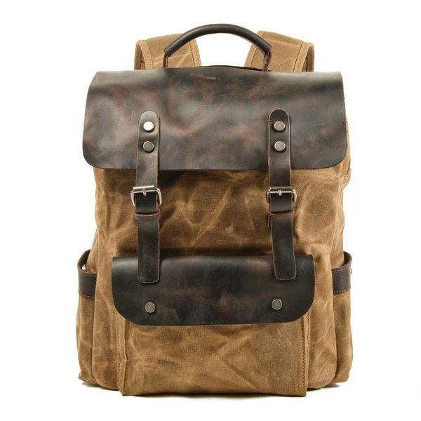 

outdoor bags fashion genuine leather mens canvas rucksack crazy horse lapcompartment rustic large backpack