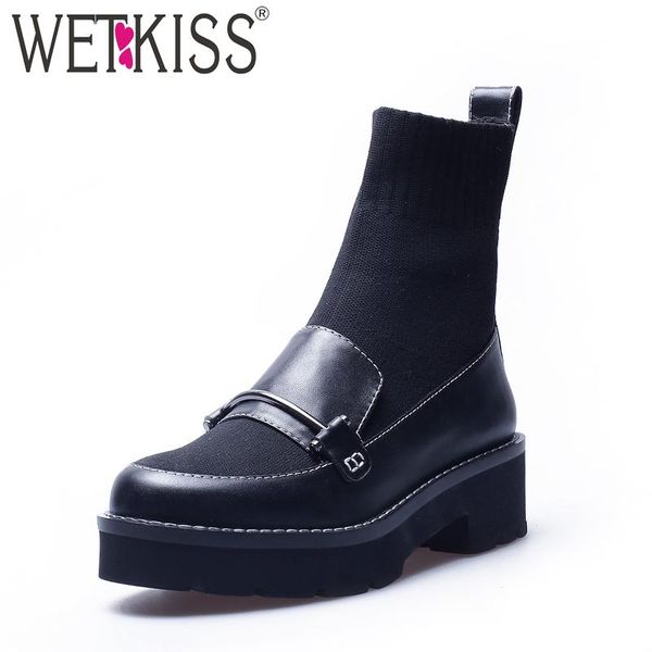 

boots wetkiss high heels women ankle knitting round toe footwear cow leather female sock boot autumn platform shoes 2021, Black