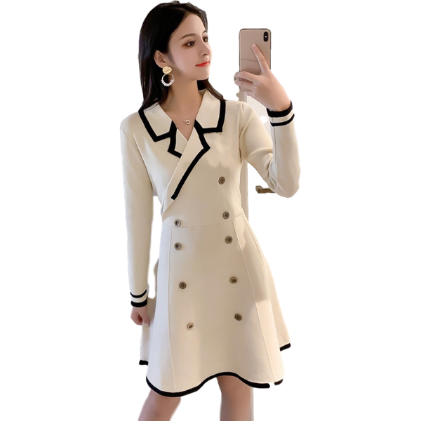 

casual dresses autumn winter women korean 2021 wholesale arrival french retro small fragrance wind waist slimming a-line long-sleeved knitt, Black;gray