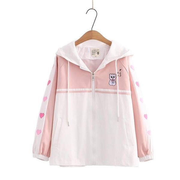 

women's jackets side heart patchwork women hooded cartoon bear embroidery zipper coats 2021 autumn kawaii cute sweet style outerwear, Black;brown