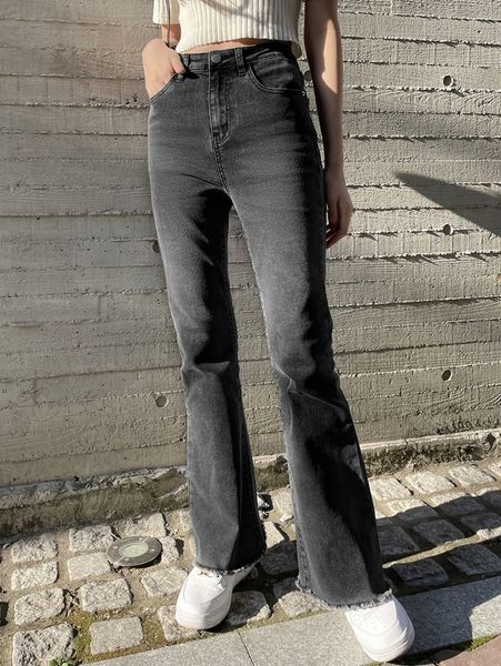 

dazy high waist slant pocket raw cut flare leg jeans r160#, Blue