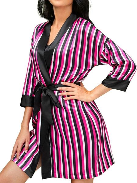 

women nightwear sleeping lace-up shirt striped deep v-neck night bedroom bathrobe women's sleepwear, Black;red