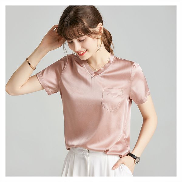 

t shirts elegant solid color heavyweight women v-neck pocket short sleeve silk 2021 fashion shirt, White