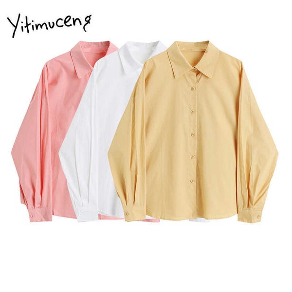 Yitimuceng Button Up Blusa Mulheres Casuais Camisas Desligam-se Collar Reta Rosto Branco Rosa Rosa Amarelo Primavera Fashion Tops 210601