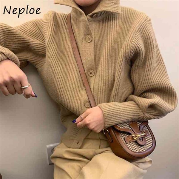 

korean chic turn-down collar cardigans women autumn winter vintage single breasted coat loose all-match femme sweater 210422, White;black