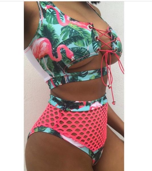 

one-piece suits 2021 women swimwear two piece lace up bikini set push-up padded print triangle bra mesh swimsuit bathing suit maillot de bai