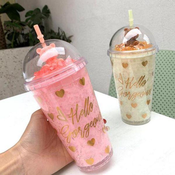 

mugs water cup cartoon bear pattern drinkware silicone ice cream juice mug with straw for office