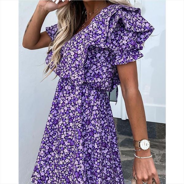 

floral print layered ruffle women dress sleeve v neck casual elegant style lace up clothes fashion, Black;gray