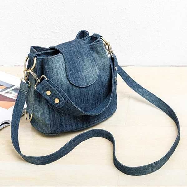 

women's denim bucket bag, multi pocket strap leisure, luxury design, big blue handbag
