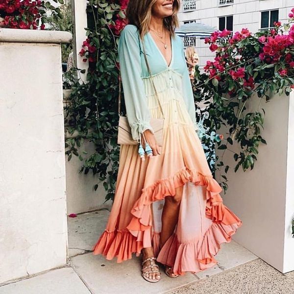 

casual dresses deep v-neck gradient long dress women sleeve beachwear big swing maix 2021 summer clothing loose traf vestidos, Black;gray