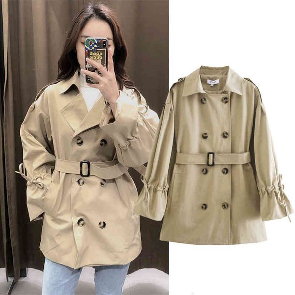 

women's down & parkas autumn turn collar khaki coat drawstring sashes jacket autumn long casaco feminino 4t1f, Black