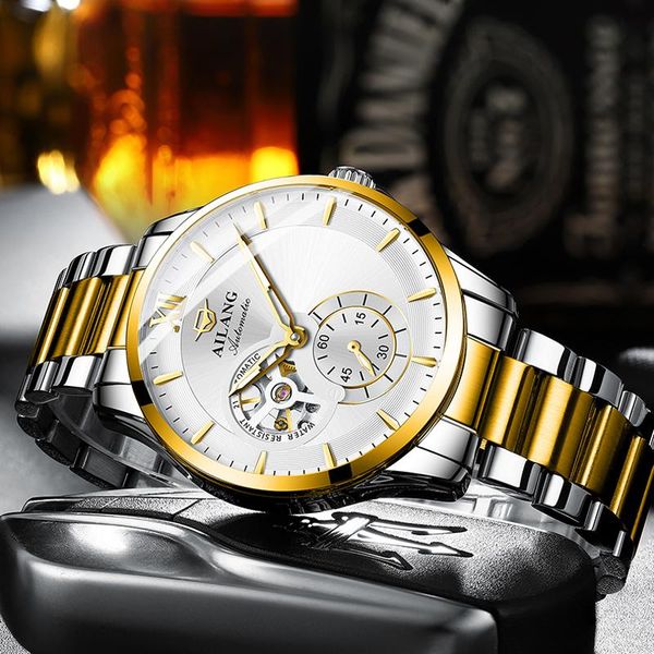 

wristwatches ailang 2021 men's watch automatic mechanical hollow stainless steel white dial luxury luminous sports waterproof business, Slivery;brown
