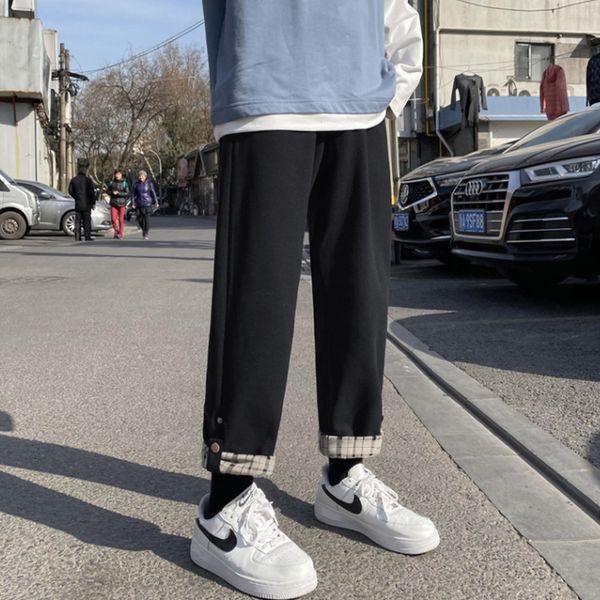 

men's pants calÃ§as casuais masculinas, calÃ§as de trabalho soltas para homens, primavera, outono, xadrez, com retalhos, homens yyvv, Black