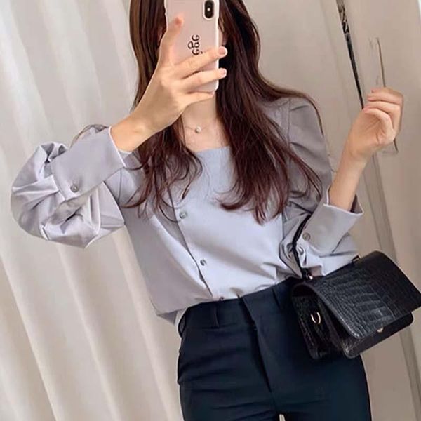 

gentle 2021 square collar all-match lantern sleeves casual loose office lady stylish brief women shirts blouse women's blouses, White
