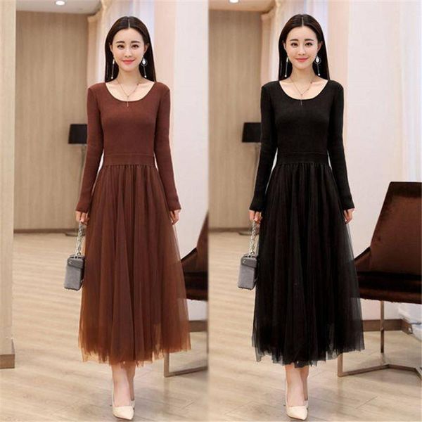 

casual dresses 2021 summer autumn women elegant o-neck mesh tulle slim pullover dress female patchwork lace long sleeve party vestidos h60, Black;gray