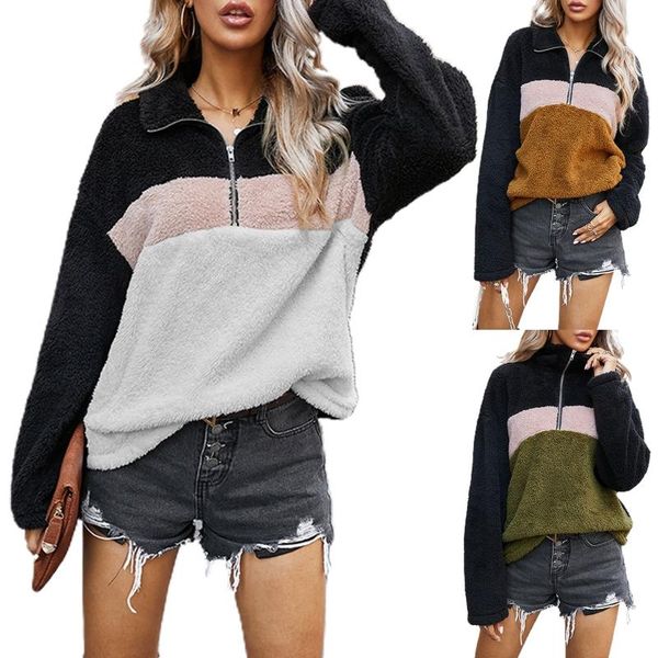 

women's hoodies & sweatshirts women winter warm long sleeve lapel sweatshirt double fuzzy plush 1/4 zipper pullover color block striped, Black