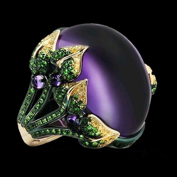 

cluster rings bohemia round big purple opal wedding ring flower leave rhinestones engagement for women valentine's day jewelry, Golden;silver