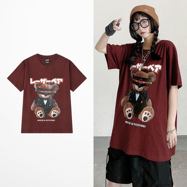 

tee style cartoons bear imprint t cotton summer high street red wine t-shirts lovers couple homme shirt, White;black