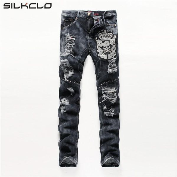 Jeans masculinos atacado-europeu estilo americano homens moda algodão luxo qualidade slim skulls marca reta buraco jean preto jeans calças1