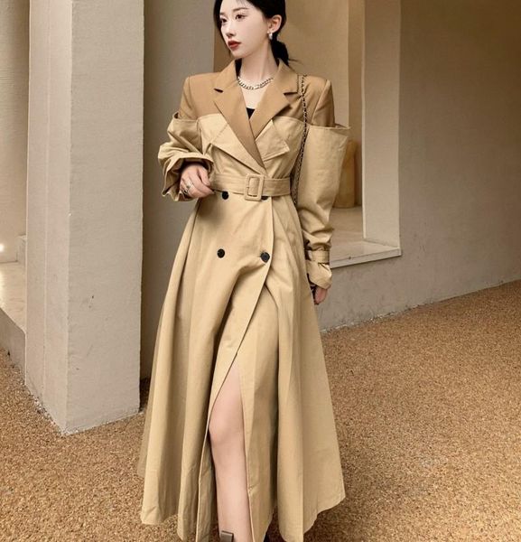 

women's trench coats autumn winter double-breasted loose coat women long-sleeved elegant long jacket korean lace-up clothes, Tan;black