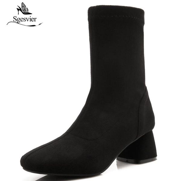 

boots sgesvier thick high heel booties woman 2021 flock female ankle boot women shoe winter elastic footwear plus size 52 ox974, Black