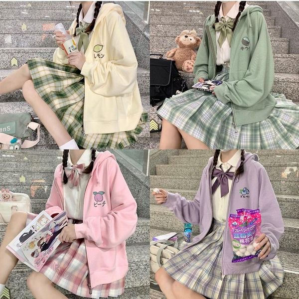 

japanese sweet jk uniform hooded jacket ins harajuku fruit korean loose thin preppy style kawaii women's zipper jackets, Black;brown