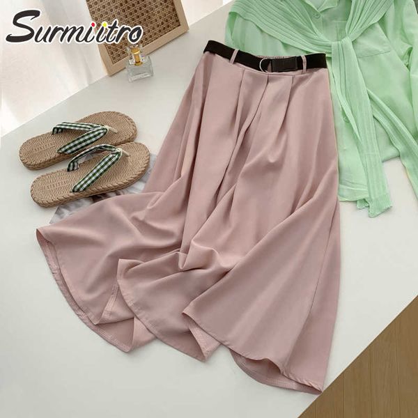 

surmiitro fashion summer midi skirt women korean style pink chiffon mid-length high waist skirt female with belt 210712, Black