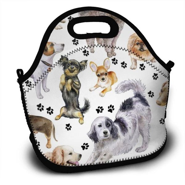 

lunch bag watercolor beautiful thoroughbred dogs and canine footprints insulation cold thermal convenient leisure organizer, Blue;pink