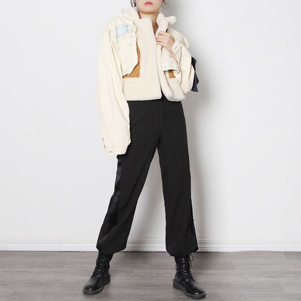 

casual patchwork ff short for women lapel long sleeve hit color thick denim jackets female fashion tide, Black;brown