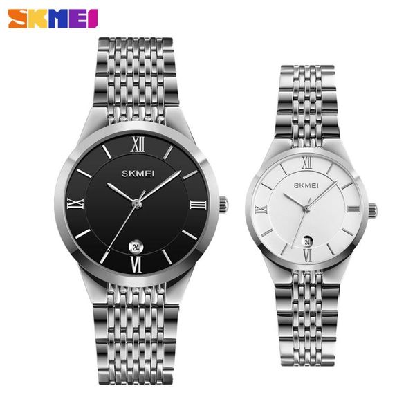 

wristwatches skmei luxury lover women men quartz watch steel strap male clock date display waterproof couple bracelet wristwatch, Slivery;brown