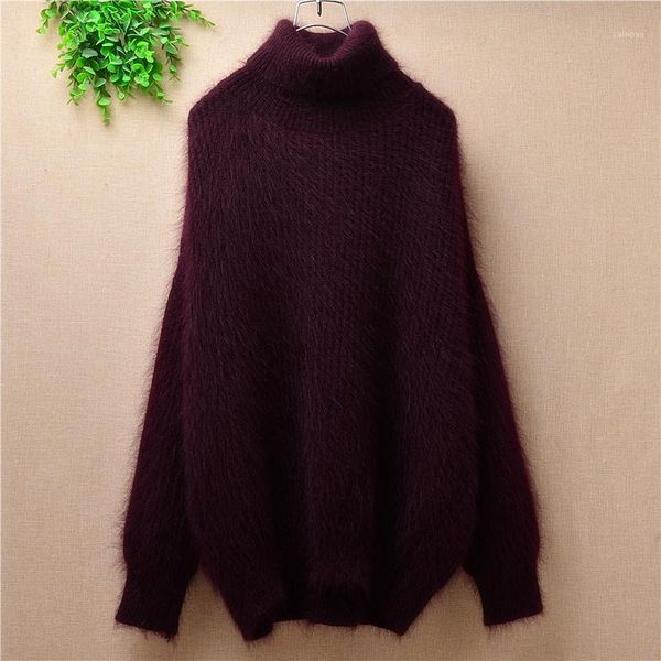

female women fashion wine hairy stripe fluffy mink cashmere knitted turtleneck loose oversized pullover angora fur winter jumper women', White;black