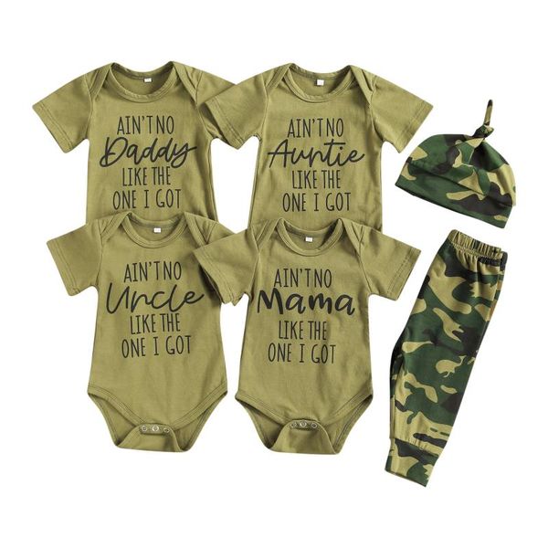 

clothing sets 0-18m infant baby boy 3pcs romper letter print short sleeve triangle playsuit+camouflage long pants+hat for summer 2021, White