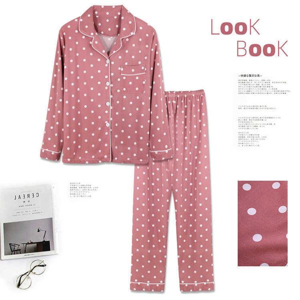 Herbst und Winter Langarm-Pyjama Damen Revers Cardigan Anzug Polka-Dot-Hose Hauskleidung kann im Frühling draußen getragen werden 210622