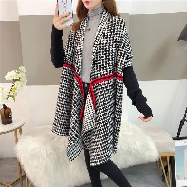 

scarves knitted wool temperament cardigan women 2021 thousand bird grid stripes shawl poncho cape irregular cloak korean version, Blue;gray