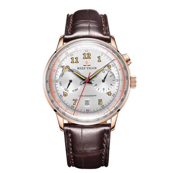 

wristwatches reef tiger mens chronograph watches male luxury automatic mechanical wristwatch bubble mirror leather strap month week rga9122, Slivery;brown