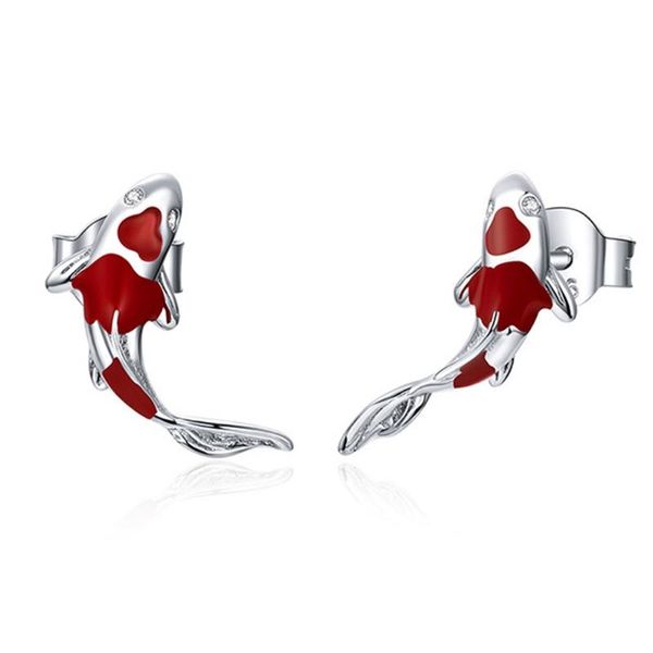 

stud lucky koi red enamel earrings fish ear studs valentine's day jewellery gift, Golden;silver