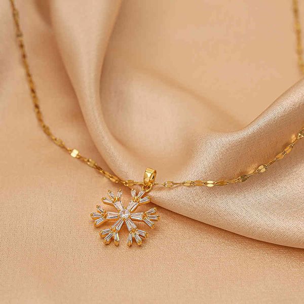 

design jewelry korean 18k gold-plated snowflake pendant necklace women's diamond inlaid personalized net red clavicle chain fashion tit, Silver