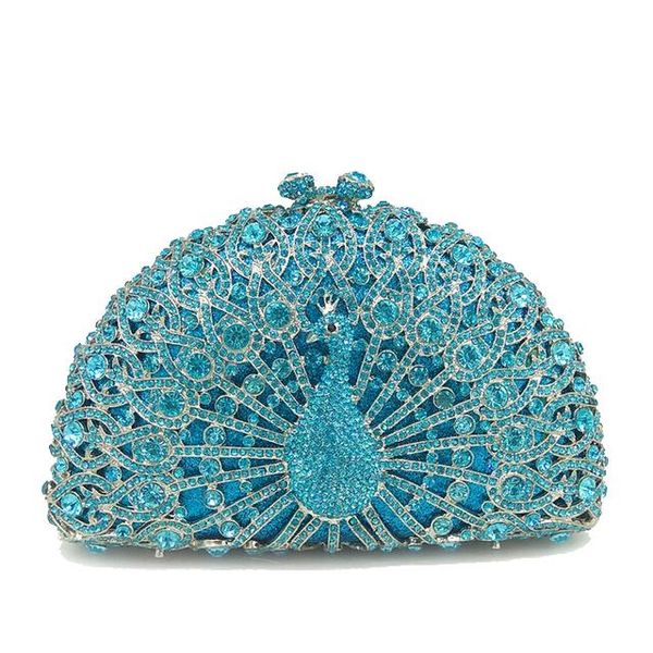 

evening bags 24 colors luxury peacock shape sky blue crystal rhinestone clutch women party purse fashion silver metal handbags