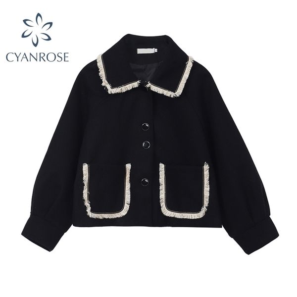 

winter korean overcoat women fashion vintage thick short woolen jacket girls loose coats female turn-down collar 210515, Black;brown