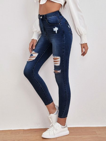

high waisted ripped skinny jeans 70mh#, Blue