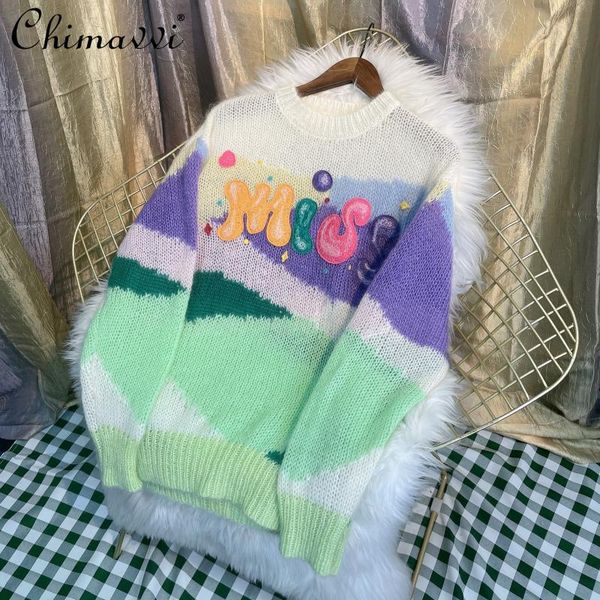 

women's sweaters 2021 autumn clothing fashion color contrast knitted sweater long sleeve loose casual pullover versatile, White;black