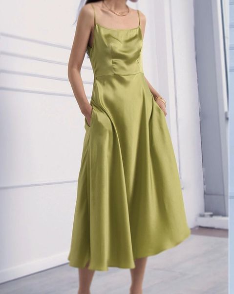 

casual dresses women vintage spaghetti strap satin a-line party dress sleevless square collar green color 2021 summer, Black;gray