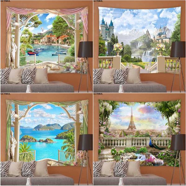 

tapestries window landscape tapestry natural scenery hippie background wall hanging bedroom garden tablecloths home decoration