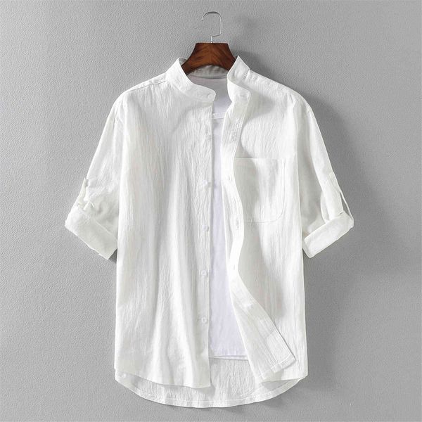 

linen men's short sleeve solid color shirt youth summer loose casual cotton clothing, White;black