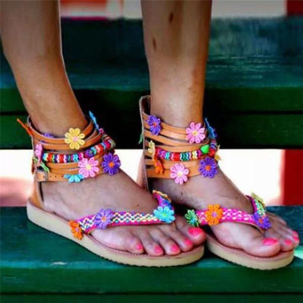 

sandals summer bohemia style women's clip toe fashion sweet mixed colors narrowband flowers female casual beach shoes size 35-43, Black
