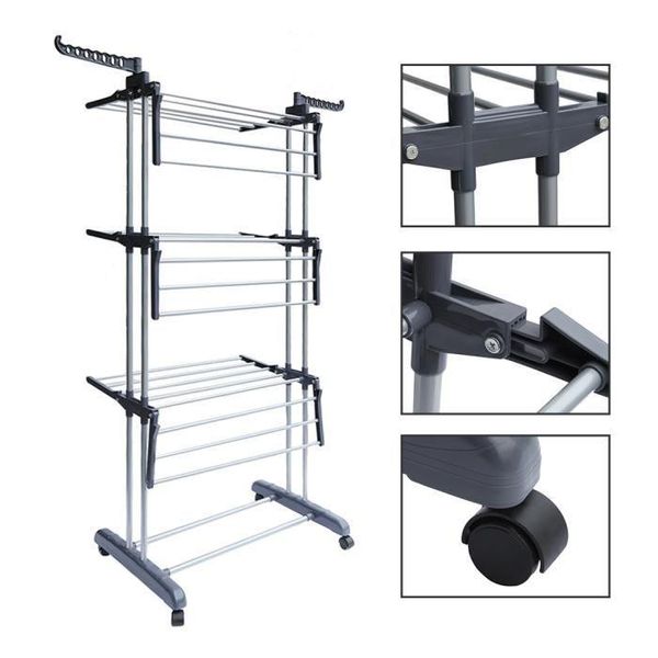 

1pc adjustable rolling clothing garment clothes airer horse stainless laundry rack hanging drying folding hanger hangers & racks