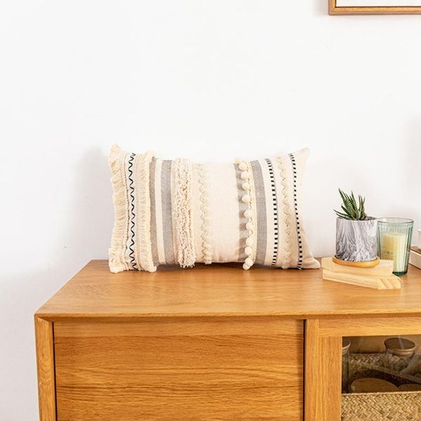 

pillow case moroccan tufted lumbar boho tassel pom poms striped cushion cover