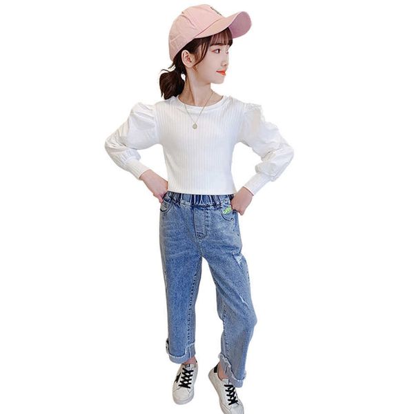 

kids clothes blouse + jeans teenage girls clothing spring autumn set casual style children's 210528, White